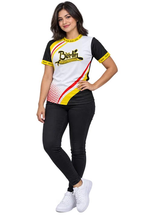 Camisa personalizada para eventos con diseño gráfico en varios tonos.