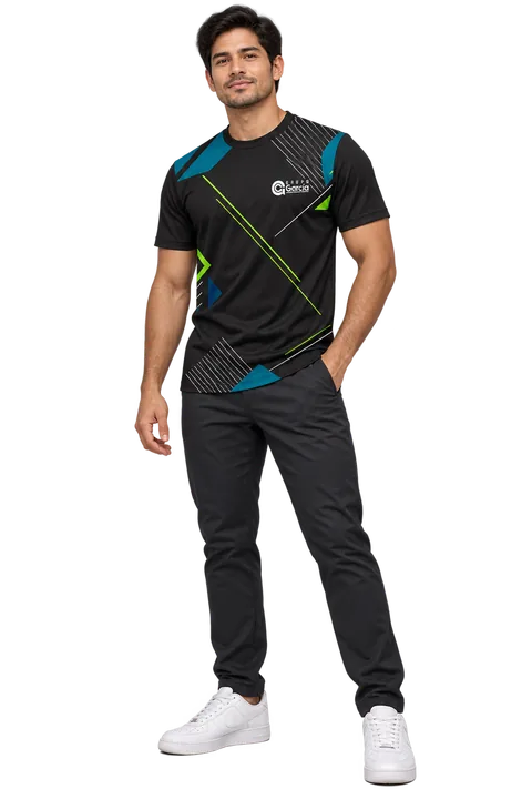 Camisa full sublimada con gráficos geométricos.