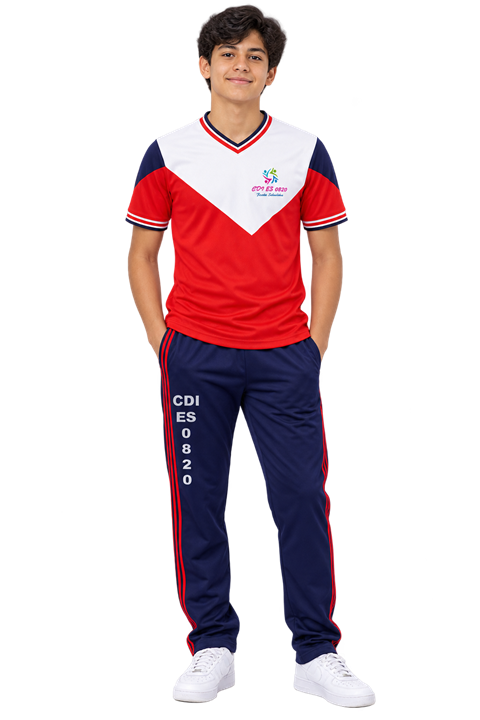 Uniforme escolar para educación física con pantalón deportivo largo y franjas laterales.
