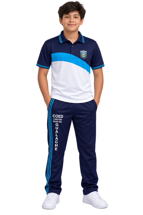 Uniforme escolar azul marino, celeste y blanco para educación física con pantalón deportivo largo y franjas celestes.
