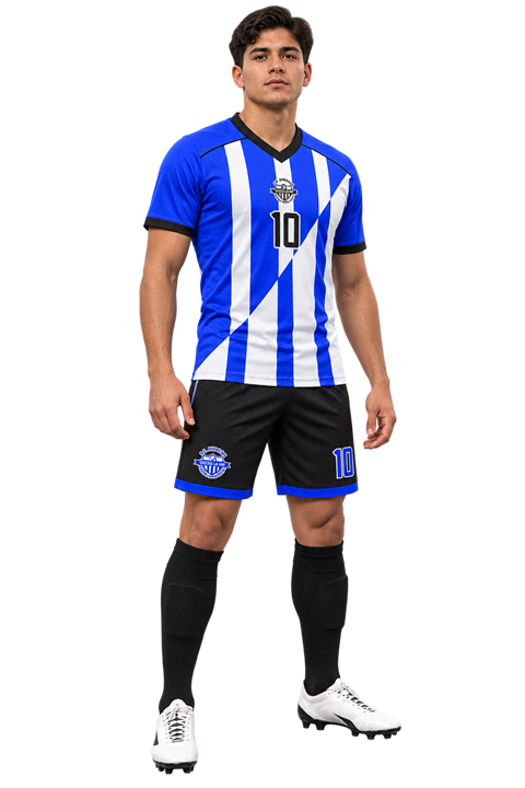 Uniforme de fútbol azul y blanco con camisa, short y medias deportivas.