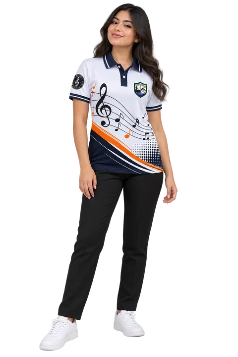 Polo para banda musical con gráficos de pentagrama y notas.