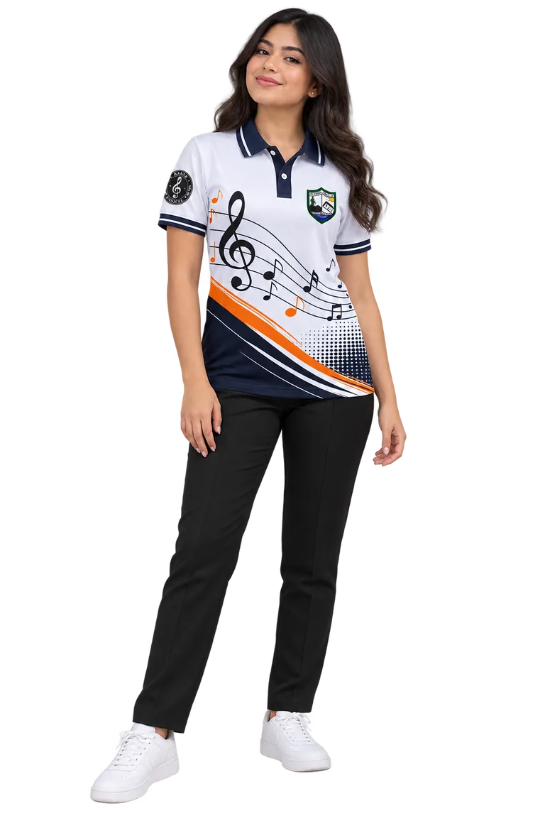 Polo para banda musical con gráficos de pentagrama y notas.