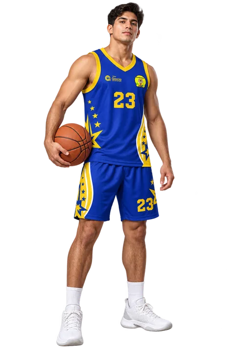 Uniforme de baloncesto con diseño personalizado y gráficos laterales.